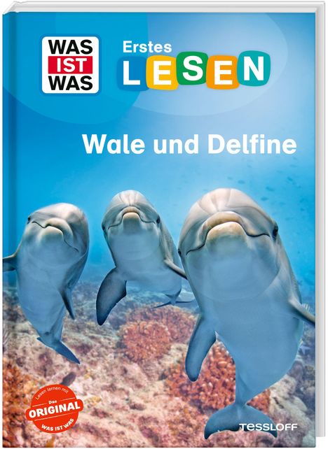"Was ist was: Erstes Lesen, Wale und Delfine" steht über drei schwimmenden Delfinen.