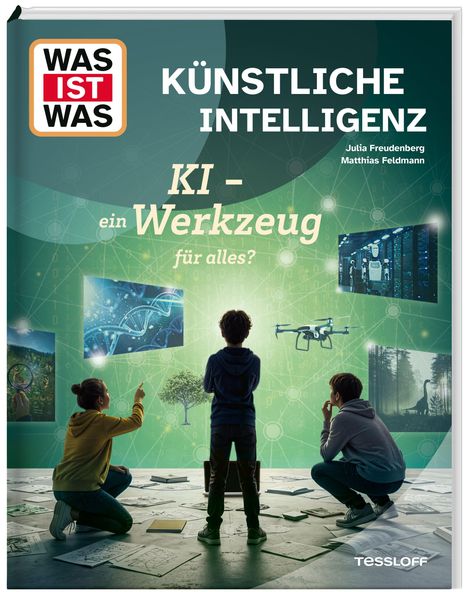 Text: "KÜNSTLICHE INTELLIGENZ: KI – ein Werkzeug für alles?" Drei Personen betrachten eine Wand mit KI-Bildern.