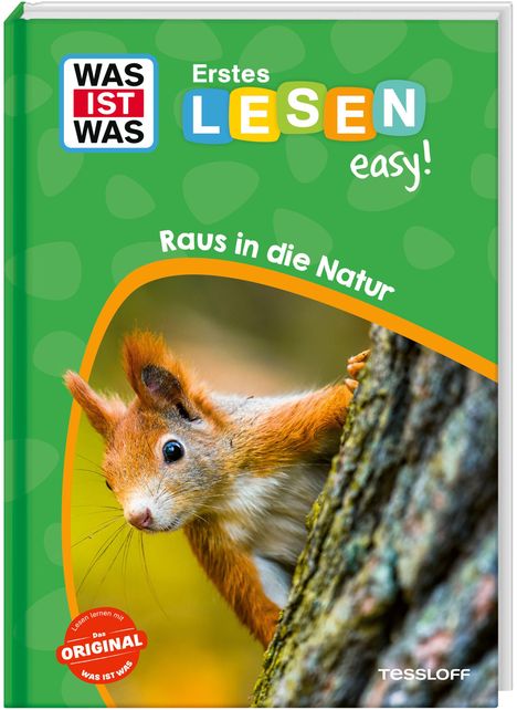 Text: "Erstes LESEN easy! Raus in die Natur". Ein Eichhörnchen klettert an einem Baumstamm. Farbiges, kinderfreundliches Design.