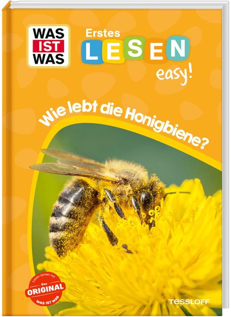 „Wie lebt die Honigbiene?“ auf gelbem Hintergrund mit Foto einer Honigbiene auf einer Blüte.