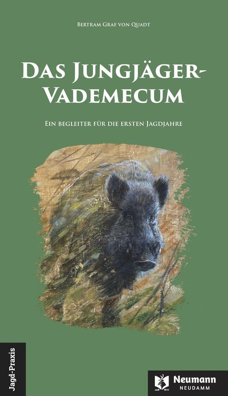 "Das Jungjäger-Vademecum. Ein Begleiter für die ersten Jagdjahre." Illustration eines Wildschweins vor grünlichem Hintergrund.