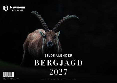 Text: "Bildkalender Bergjagd 2027." Ein Steinbock mit großen, gebogenen Hörnern im Vordergrund, dunkler Hintergrund.