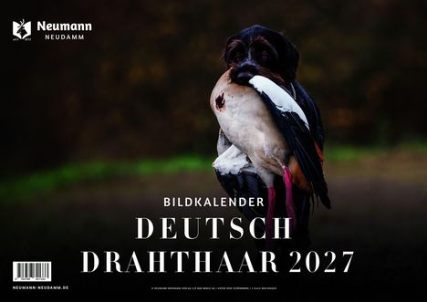 "Bildkalender Deutsch Drahthaar 2027", Schriftzug über einem Hund, der eine Ente im Maul trägt. Links oben Neumann-Logo.