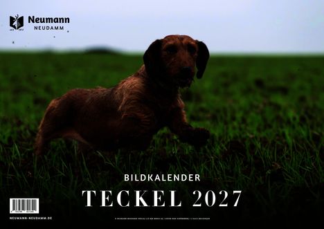 Text: "Bildkalender Teckel 2027", "Neumann Neudamm". Hund im Gras. Links oben ein Logo mit einem Hirschkopf und einem Baum.