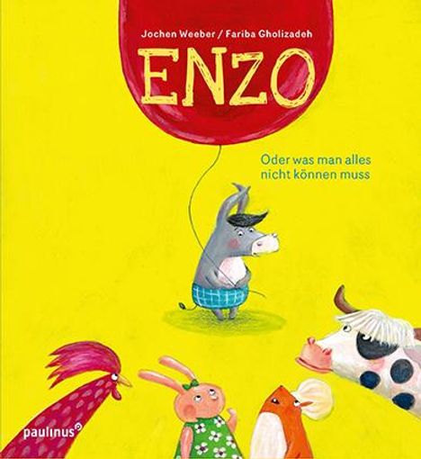 Titel: ENZO. Untertitel: Oder was man alles nicht können muss. Illustration von fröhlichen Tieren auf gelbem Hintergrund.