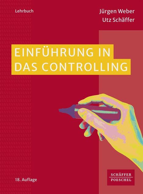 Text: Einführung in das Controlling. Illustration einer Hand mit Stift, umgeben von roten und gelben Flächen.