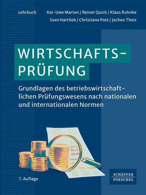 Titel: „Wirtschaftsprüfung“. Illustration: Stapel Münzen, Vergrößerungsglas über Zahlen. 7. Auflage, Schaeffer Poeschel Logo.