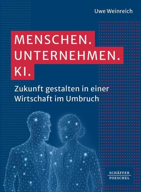 „MENSCHEN. UNTERNEHMEN. KI.“ Zukunft gestalten. Illustration von zwei schematischen Menschenfiguren aus Verbindungsnetz.