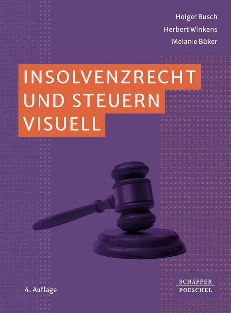„INSOLVENZRECHT UND STEUERN VISUELL“. Darunter ein Richterhammer, lila Hintergrund mit Muster, „4. Auflage“.