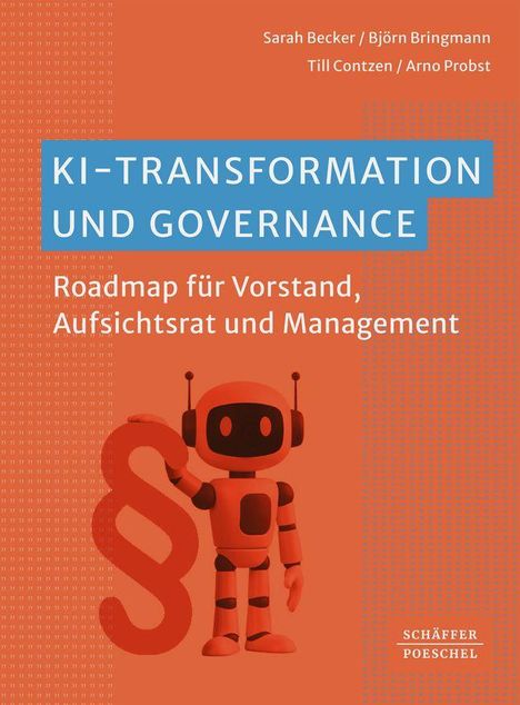 Text: "KI-Transformation und Governance: Roadmap für Vorstand, Aufsichtsrat und Management." Illustration eines Roboters.