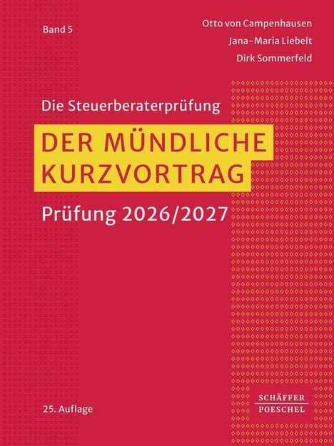 Cover in Rot mit gelbem Feld: "Der mündliche Kurzvortrag, Prüfung 2026/2027". Autoren: Otto von Campenhausen, Jana-Maria Liebelt, Dirk Sommerfeld.