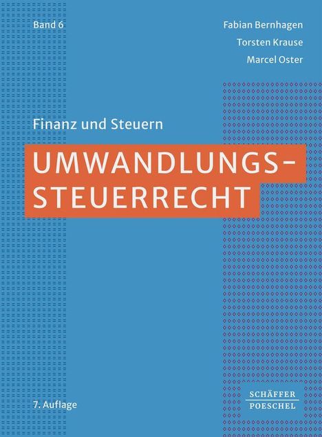 "Band 6, Finanz und Steuern, Umwandlungssteuerrecht, 7. Auflage." Blaues Hintergrunddesign mit Muster.