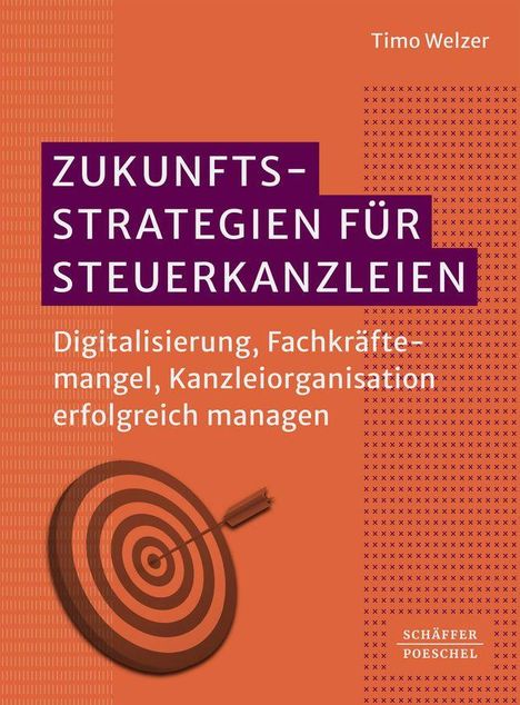 Text: "ZUKUNFTS-STRATEGIEN FÜR STEUERKANZLEIEN" und "Digitalisierung, Fachkräftemangel, Kanzleiorganisation erfolgreich managen." Unten links eine Zielscheibe mit Pfeil.