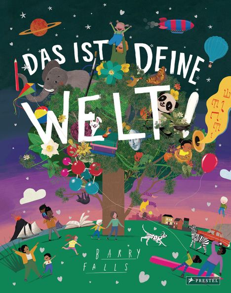„DAS IST DEINE WELT! BARRY FALLS“ in bunten Buchstaben auf einem fantasievollen, farbenfrohen Baum mit Tieren und Menschen.