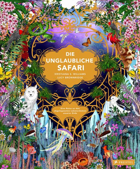 „Die unglaubliche Safari“ in goldener Schrift, umgeben von exotischer Vegetation, Tieren und einem violetten Himmel.