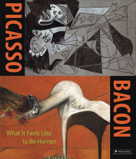 „PICASSO“, „BACON“, „What It Feels Like to Be Human“. Illustration mit abstrakten und surrealistischen Formen.