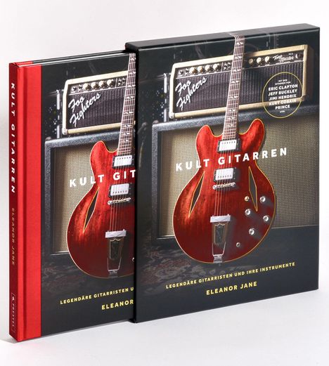 "KULT GITARREN" auf Buchcover mit roter E-Gitarre und Verstärkern im Hintergrund. Autor: Eleanor Jane.