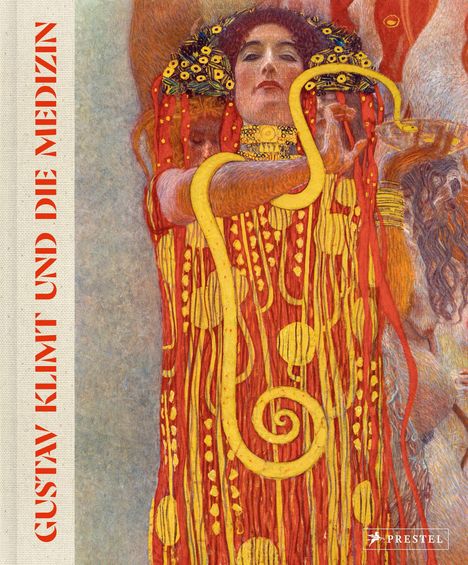 Text: "GUSTAV KLIMT UND DIE MEDIZIN". Illustration: Frau mit roten und goldenen Details, von Klimt inspiriert.