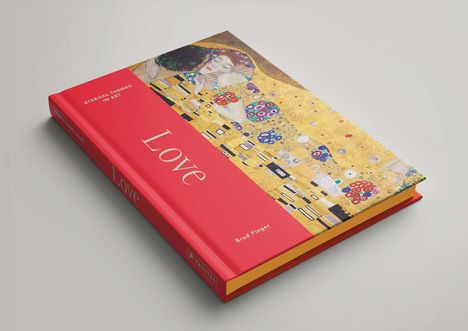 Text "Love", roter Buchumschlag, Illustration inspiriert von Klimt mit goldenen und bunten Mustern und einem Paar.