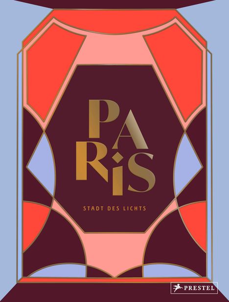 "PARIS STADT DES LICHTS". Art-Deco-Illustration mit geometrischen Mustern in Rot, Rosa und Blau.