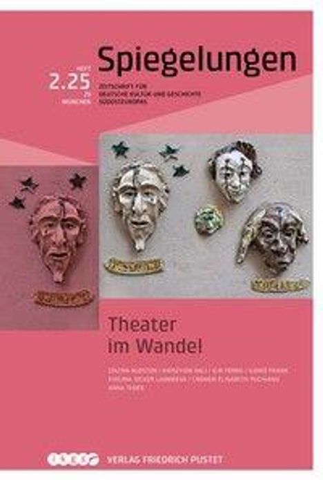 „Spiegelungen: Theater im Wandel.“ Keramikmasken auf einer Wand; links ein Gesicht mit „M. Serieux“ beschriftet.