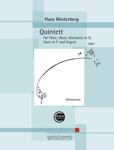 Hans Winterberg, Quintett für Flöte, Oboe, Klarinette in B, Horn in F und Fagott, 1957, Illustrationen mit Notenfragmenten.