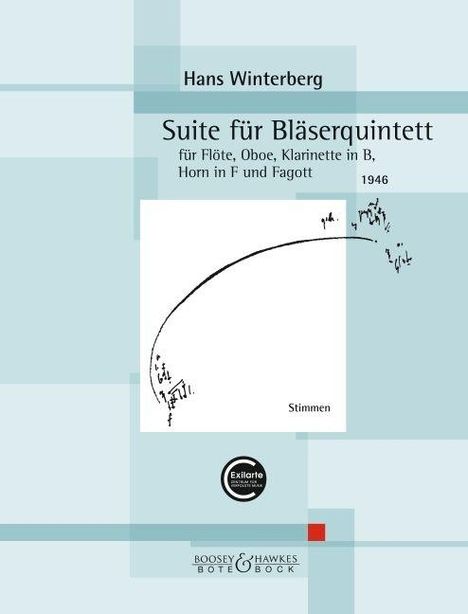 "Suite für Bläserquintett" von Hans Winterberg, für Flöte, Oboe, Klarinette in B, Horn in F und Fagott, 1946. Stimmen. Eine schlichte musikalische Illustration ist enthalten.