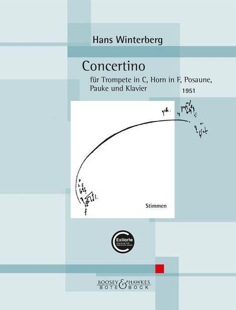 Titel: "Concertino" von Hans Winterberg, für Blasinstrumente, Pauke und Klavier, 1951. Abstrakte Notenillustration darunter.