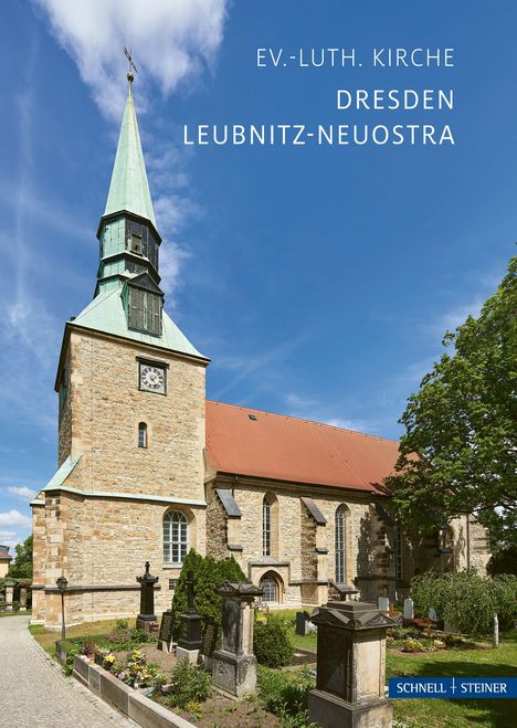 Text: "EV.-LUTH. KIRCHE DRESDEN LEUBNITZ-NEUOSTRA"
Bild: Historische Kirche mit Turm und rotem Dach.