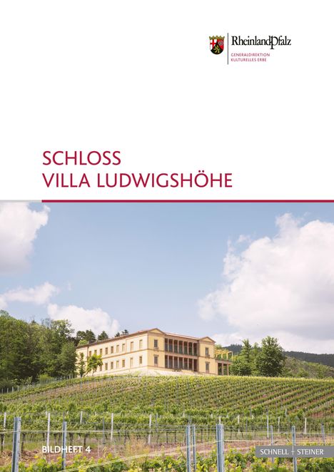 Text: Schloss Villa Ludwigshöhe. Bild zeigt gelbes Schloss auf Hügel mit Weinbergen, blauer Himmel, weiße Wolken.