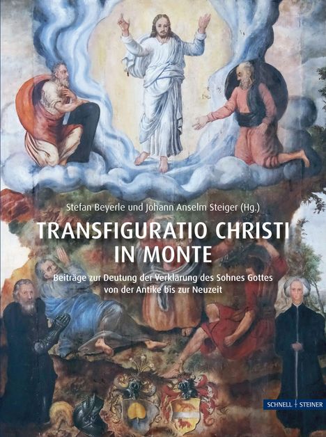 "TRANSFIGURATIO CHRISTI IN MONTE" ist ein Gemälde mit christlicher Szene, umgeben von Menschen und dekorativen Elementen.