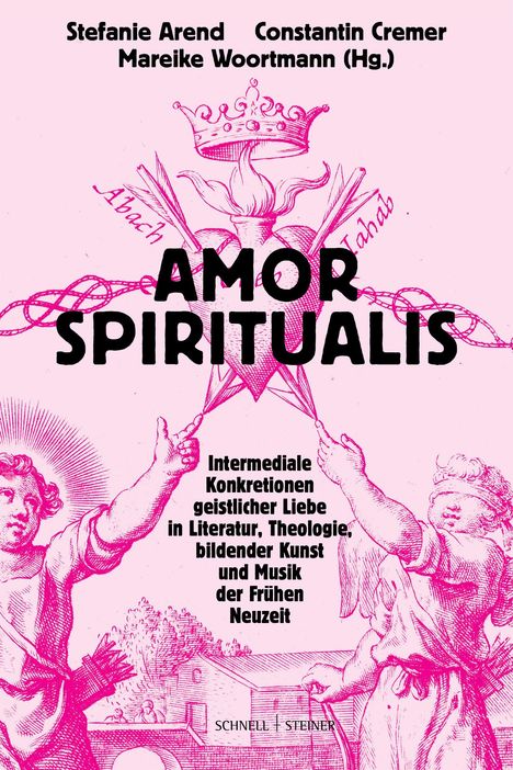 "AMOR SPIRITUALIS" in großen Buchstaben, rosa Illustration mit Engeln, Krone und zwei Händen, die sich berühren.
