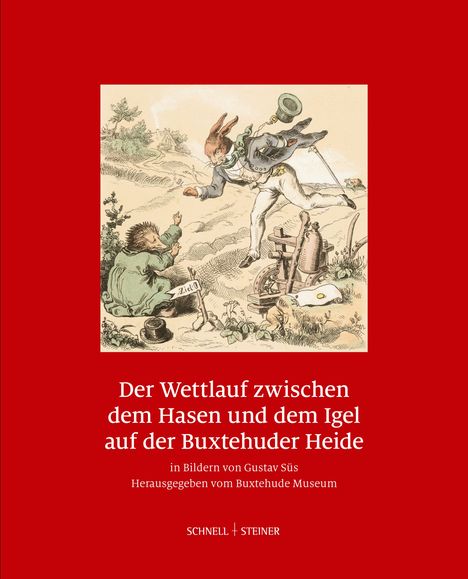 Der Wettlauf zwischen dem Hasen und dem Igel. Ein Hase rennt, während ein Igel vor einem "Ziel" Schild grinst. Illustration.