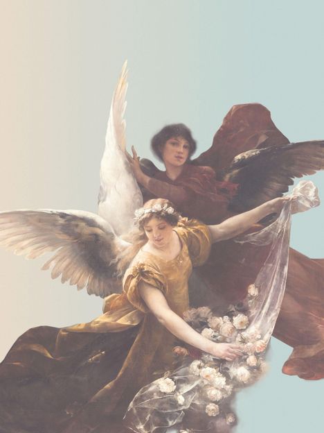 Zwei Engel in fließenden Gewändern, einer in Gold, einer in Dunkelrot, mit großen Flügeln und einem Blumenschleier. Gemälde.