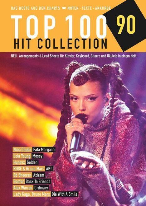 "TOP 100 HIT COLLECTION 90" oben, darunter Künstler und Songs. Im Hintergrund singt eine Frau in einem glitzernden Outfit.