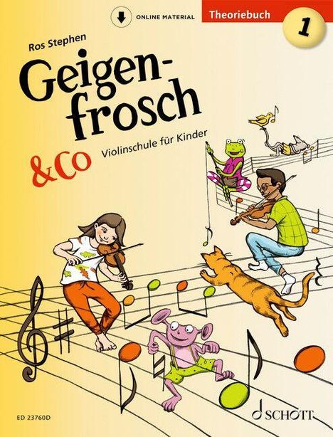 "Ros Stephen Geigenfrosch & Co Violinschule für Kinder. Ein Mädchen und Junge spielen Geige mit Tieren; Schellfisch, Maus."