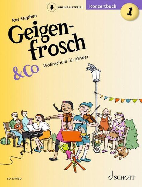 „Geigenfrosch & Co. Violinschule für Kinder“. Fröhliche Kinder spielen Musik, dekoriert mit Wimpelketten.