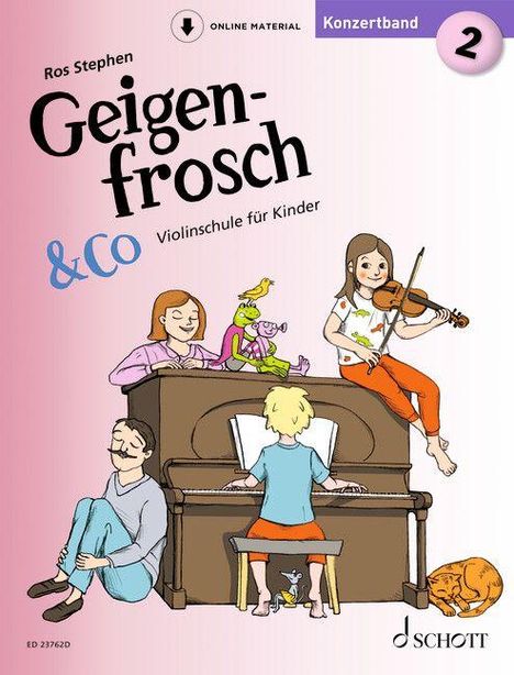 Titel: Geigenfrosch & Co. Violinschule für Kinder. Illustration: Kinder spielen am Klavier, eines spielt Geige, ein Frosch sitzt oben.