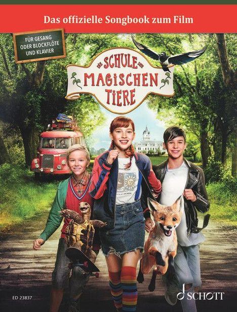Das offizielle Songbook, Schule der magischen Tiere. Drei Kinder mit magischen Tieren und ein roter Bus im Hintergrund.