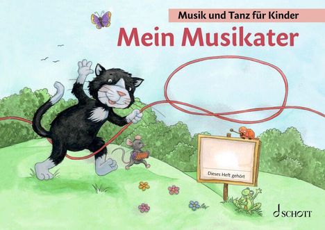 „Musik und Tanz für Kinder. Mein Musikater.“ Ein schwarzer Kater tanzt verspielt auf einer grünen Wiese.