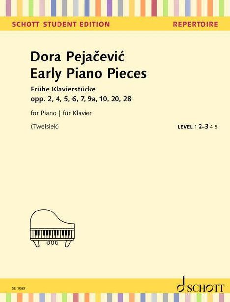 "Early Piano Pieces" von Dora Pejačević. Stufen 1-3. Oben bunte Klaviertasten-Grafik. Unten Klavier-Logo.