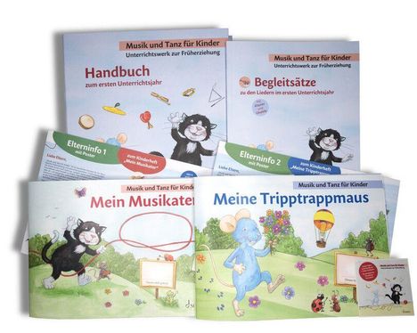 Mehrere bunte Kinderbücher mit Titeln wie "Mein Musikater", "Handbuch" und "Meine Tripptrappmaus". Verspielte Illustrationen.