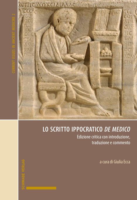 "Lo scritto ippocratico de medico" steht auf dunklem Hintergrund. Relief eines sitzenden Gelehrten mit Schriftrolle.