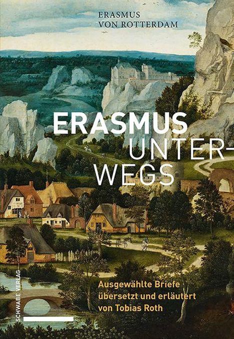 Titel "ERASMUS UNTERWEGS". Malerische Landschaft mit mittelalterlicher Stadt und grünen Hügeln.