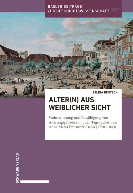 Titel: "Alter(n) aus weiblicher Sicht". Historische Illustration eines belebten Marktplatzes.