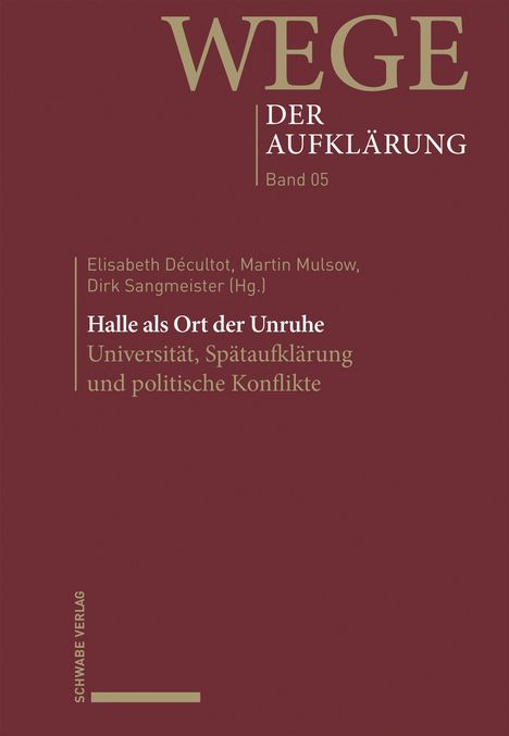 Text: "WEGE DER AUFKLÄRUNG Band 05", "Halle als Ort der Unruhe". Dunkelrote Buchcover, minimalistisches Design.