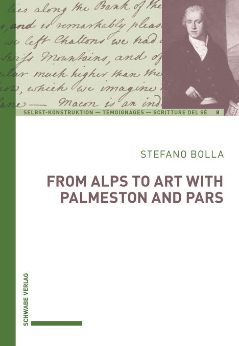 Cover-Design. Oben Links handschriftlicher Text, rechts ein Porträt. Titel: "From Alps to Art..." von Stefano Bolla.