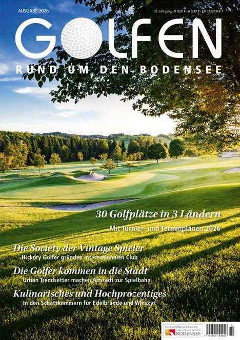 "Golfen rund um den Bodensee" ist in großen Buchstaben oben zu sehen. Eine malerische Golflandschaft im Hintergrund.