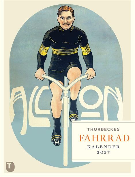 THORBECKES FAHRRAD KALENDER 2027. Illustration: Radfahrer in schwarzem Outfit mit gelben Streifen, ovale Form.