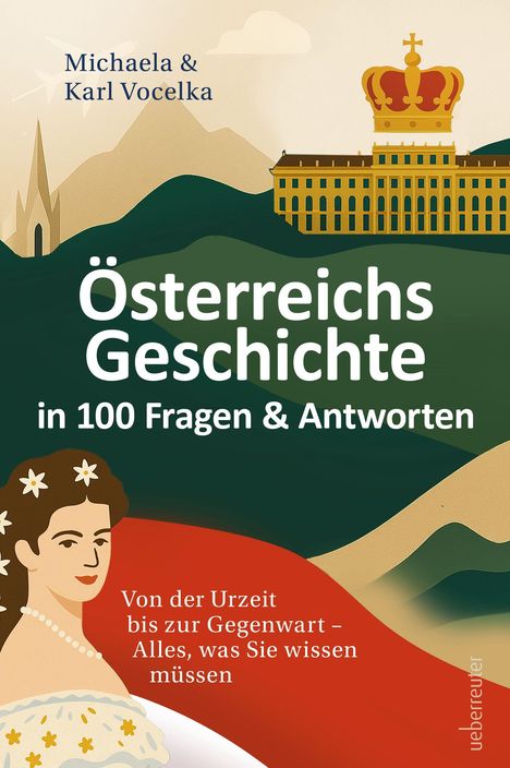 Titel: "Österreichs Geschichte in 100 Fragen & Antworten". Illustration: Frau, Berge, Gebäude mit Krone.